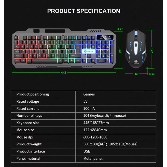 Limeide Wired Gaming Keyboard & Mouse Set – RGB Backlight Metal Panel Combo