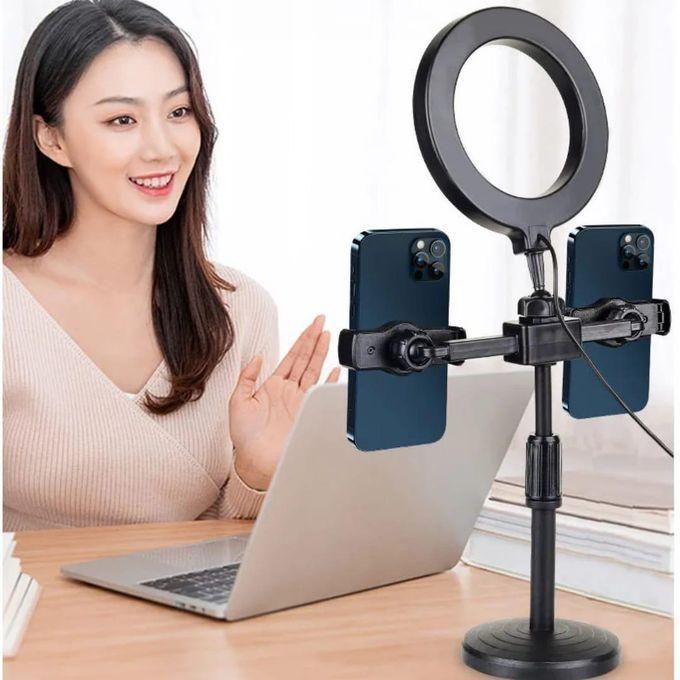 6-Inch Mini Ring Light with Adjustable Tripod & Dual Phone Holder – 360° Rotation Selfie and Live Broadcast Light