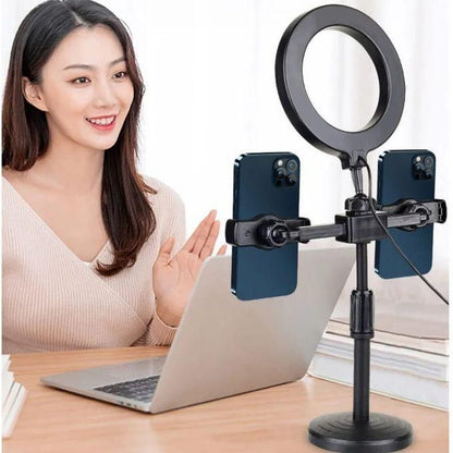 6-Inch Mini Ring Light with Adjustable Tripod & Dual Phone Holder – 360° Rotation Selfie and Live Broadcast Light