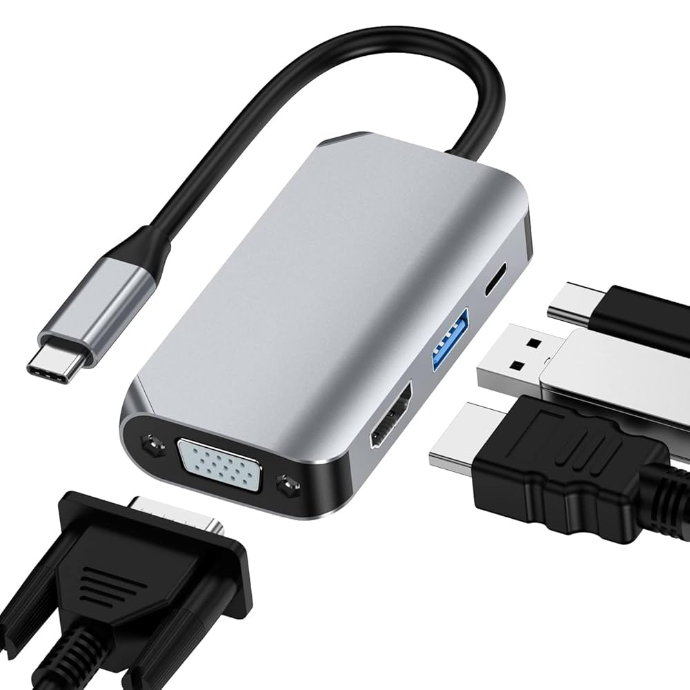 Kakusiga 4-in-1 Multifunctional Type-C Adapter (HDTV 4K + VGA + USB 3.0 + PD100W)