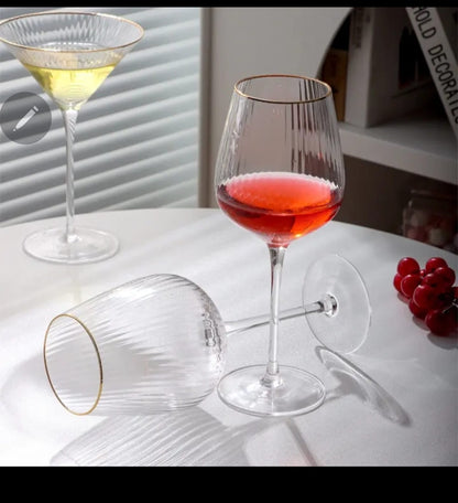 Wine Glasses, Vertical Pattern Gold Goblet Red Wine Champagne Cocktail Cup Family Bar Holiday Drinkware Mugs 6pcs set