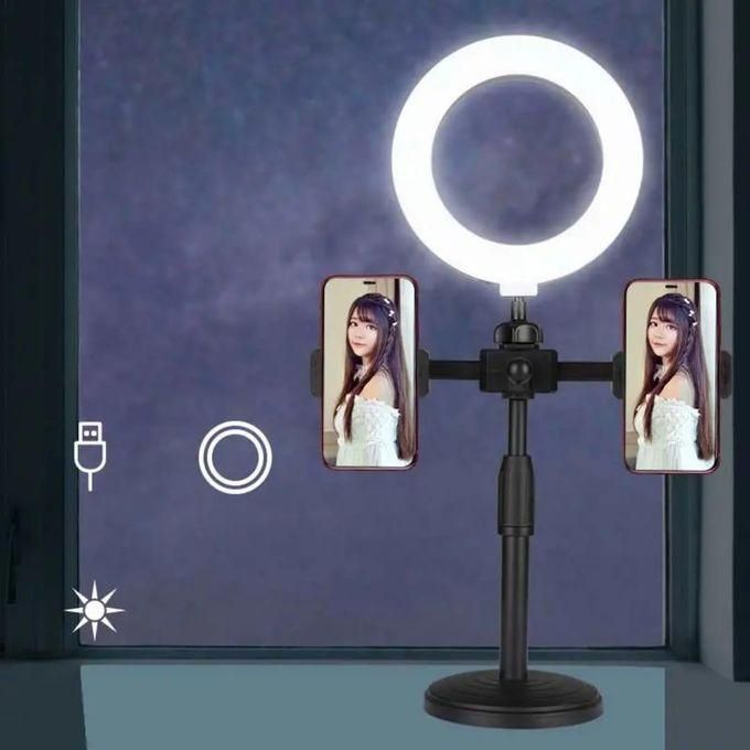6-Inch Mini Ring Light with Adjustable Tripod & Dual Phone Holder – 360° Rotation Selfie and Live Broadcast Light