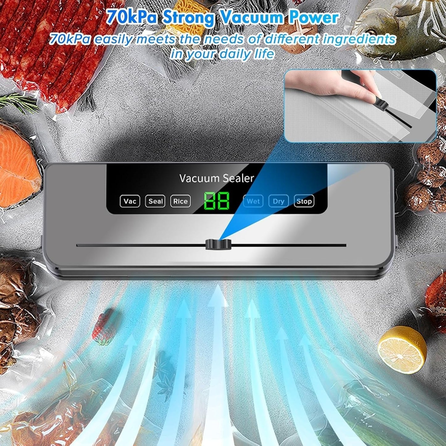 Vacuum Sealer Machine 5-in-1 Fully Automatic Food Saver with Dry/Moist Mode, LED Display & Seal Function – For Meat, Veggies, Fruits & Leftovers