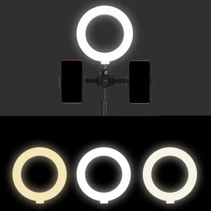 6-Inch Mini Ring Light with Adjustable Tripod & Dual Phone Holder – 360° Rotation Selfie and Live Broadcast Light
