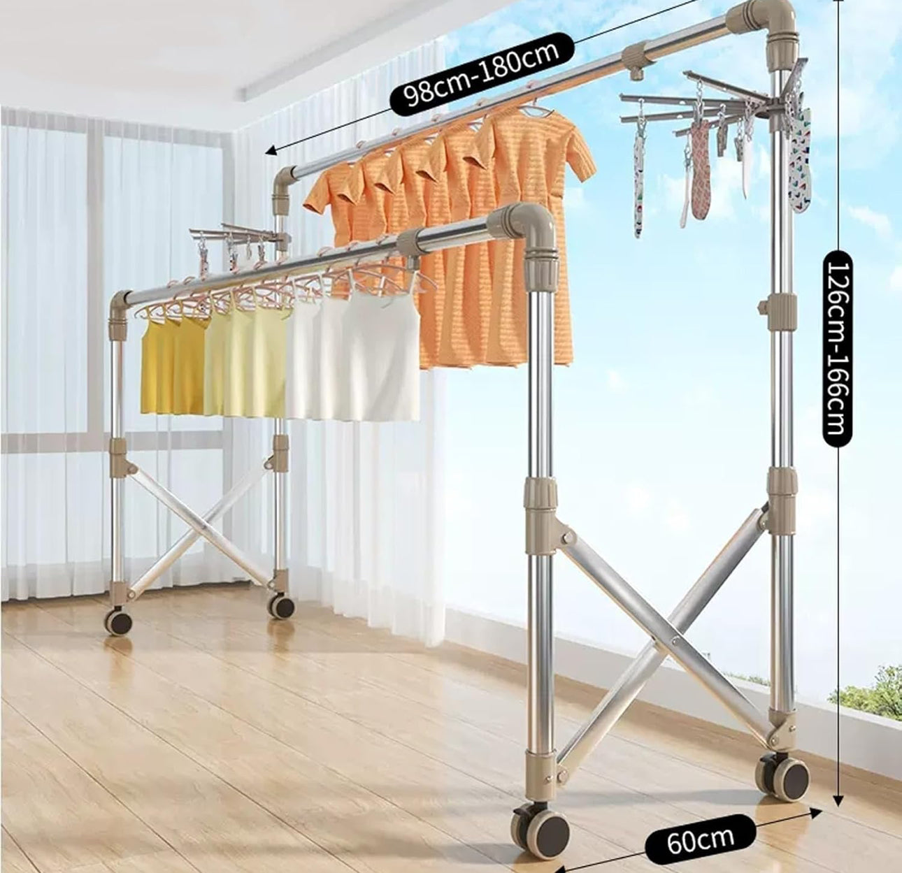 Stainless Steel Laundry Drying Rack With Castors, Extendable Clothing Dryer Rack, Foldable Portable Space Saving Clothes Drying Rack,，With Sock Tray Holder，Double Pole Drying Rack