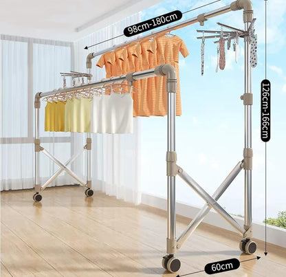 Stainless Steel Laundry Drying Rack With Castors, Extendable Clothing Dryer Rack, Foldable Portable Space Saving Clothes Drying Rack,，With Sock Tray Holder，Double Pole Drying Rack