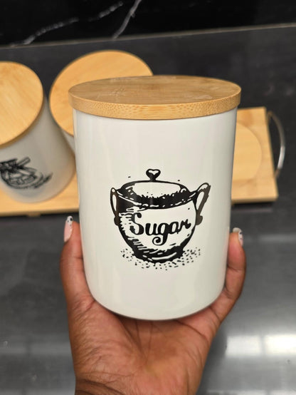 3pcs Ceramic Canisters Set with Bamboo Stand