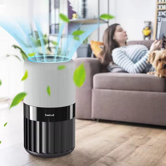 SunLed Low Noise Tabletop Smart True HEPA Air Purifier with a TUYA Wifi Digital Display of Air Humidity and a 4-color Air Quality Indicator Light