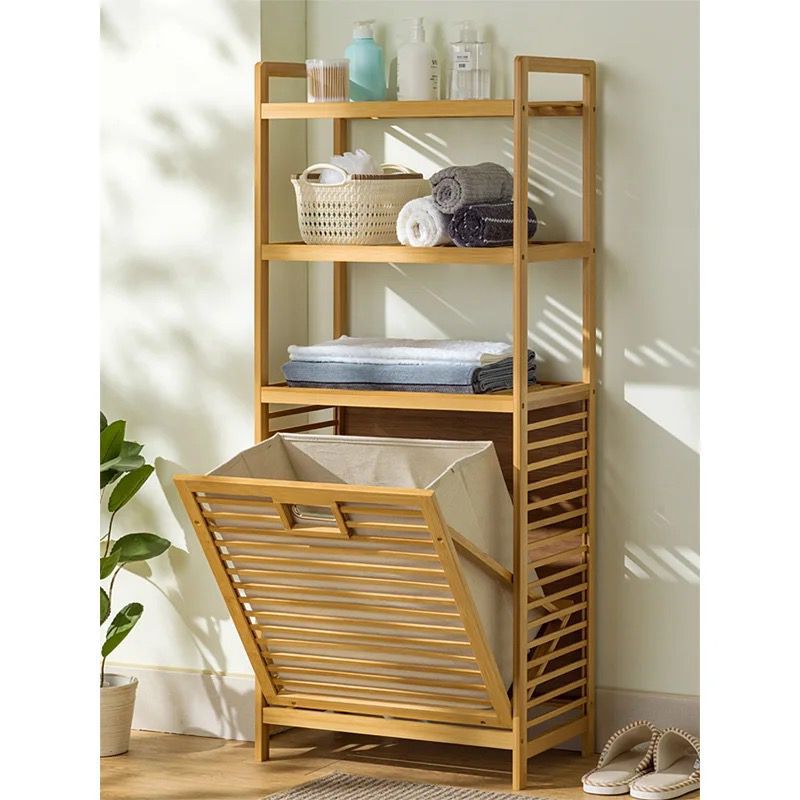 Bamboo Laundry Basket Organizer with 3-Tier Shelves & Tilt-Out Basket