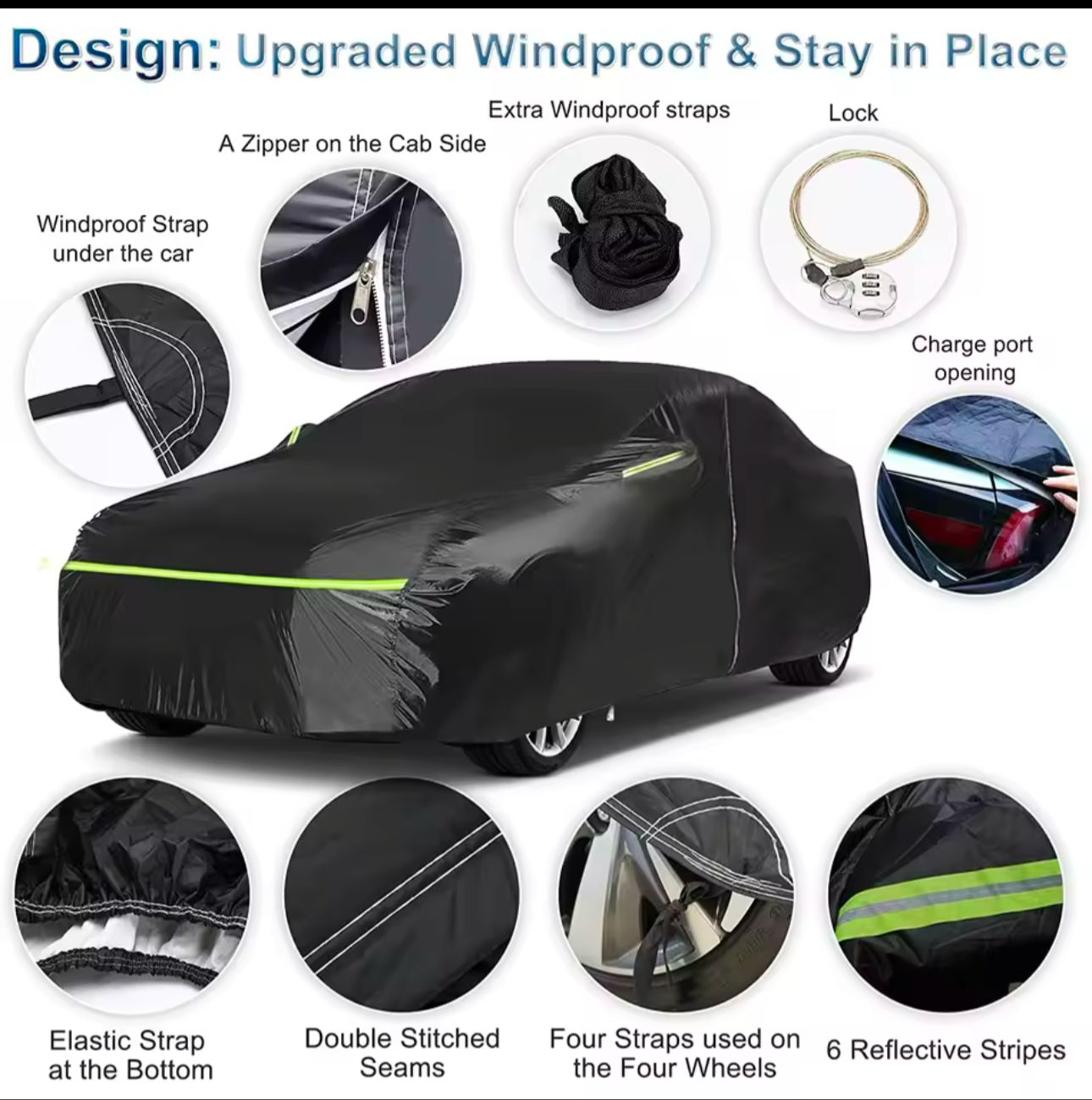Universal Black Car Cover with fleece on the inside part &amp; Has Reflector on the sides