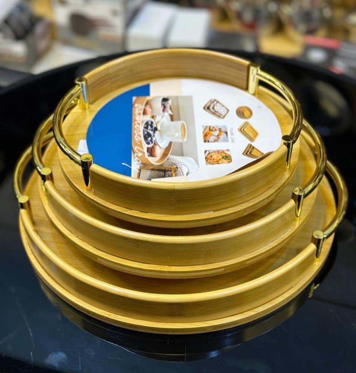 3pcs Round Bamboo Serving Tray Set with Metal Handles – Multi-Functional & Stylish