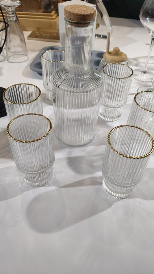 6-Piece Ribbed Glasses with Gold Rim and Decanter