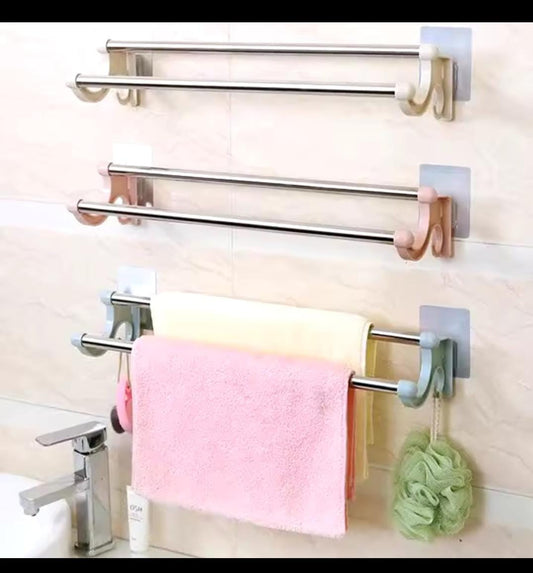54cm Self-Adhesive Double Pole Towel Holder – Versatile Rack for Kitchen & Bathroom