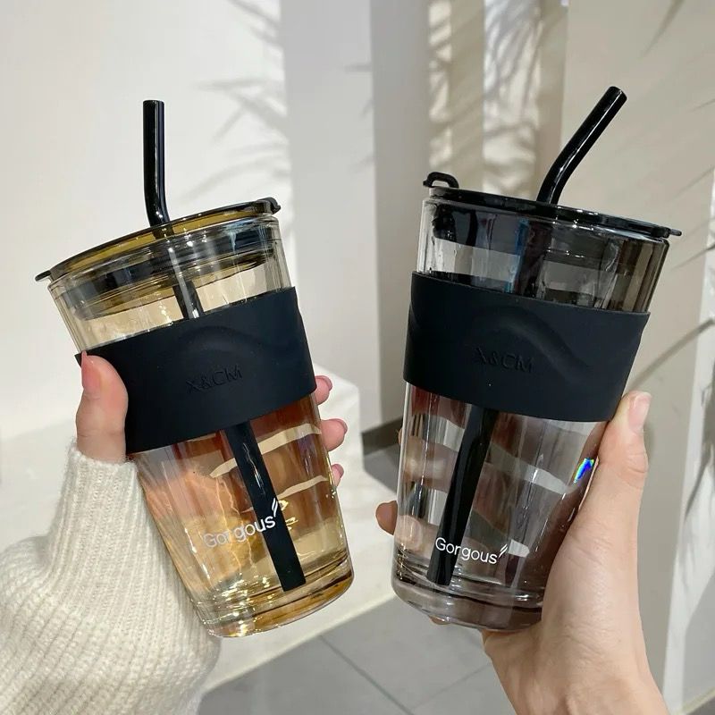 450ml Heat-Resistant Glass Coffee Cup with Straw