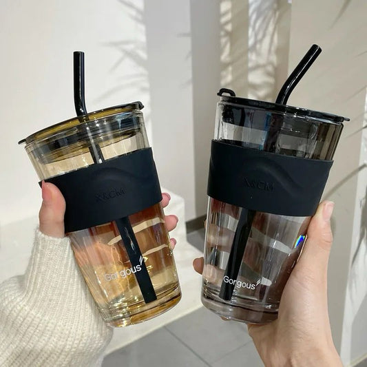 450ml Heat-Resistant Glass Coffee Cup with Straw