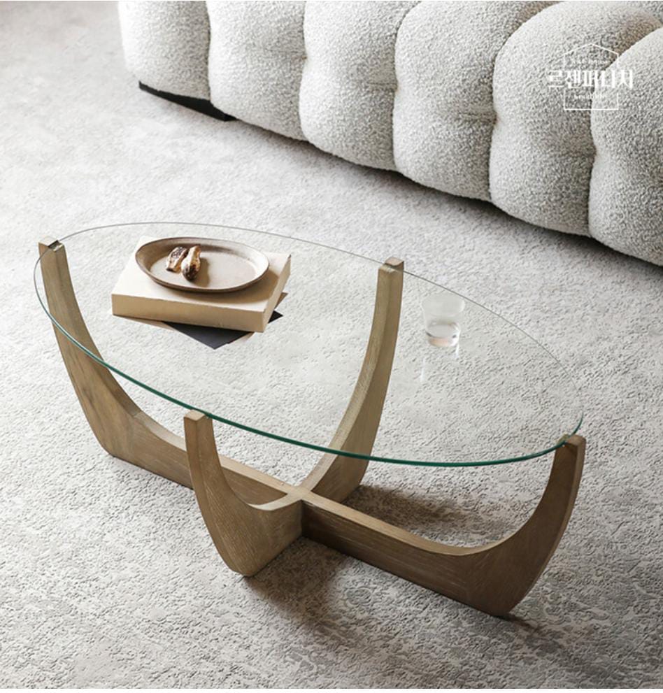Modern Coffee Table with Wooden Base and Tempered Glass Top