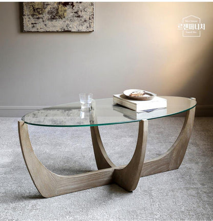 Modern Coffee Table with Wooden Base and Tempered Glass Top