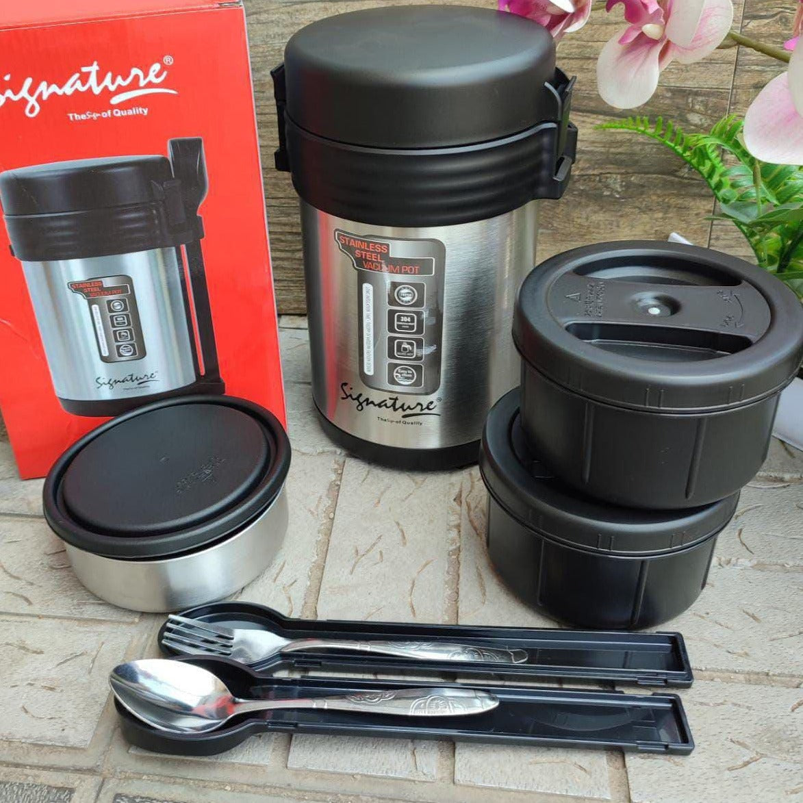 Unbreakable Lunch Box (Food Flask) 2 Litre Capacity with 2 Spoons & 3 Bowls Hot & Cold Meal Carrier