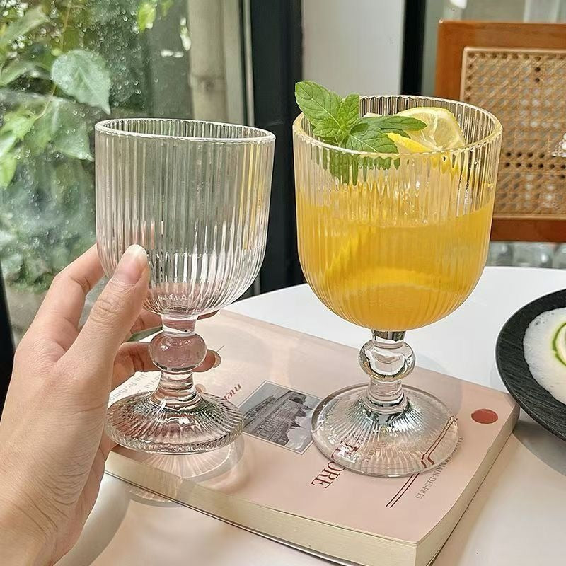 Vintage Wine Glasses Set of 4, 12 oz Glass Drinkware Sets, Ripple Drinkware Embossed Unique Vintage Glasses Drinking, Vertical Line Goblet Glasses, Water Goblets, Wedding, Party, Dinner, Bar
