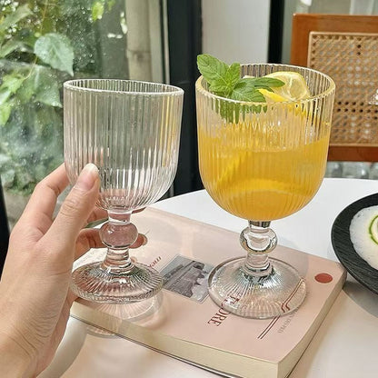 Vintage Wine Glasses Set of 4, 12 oz Glass Drinkware Sets, Ripple Drinkware Embossed Unique Vintage Glasses Drinking, Vertical Line Goblet Glasses, Water Goblets, Wedding, Party, Dinner, Bar