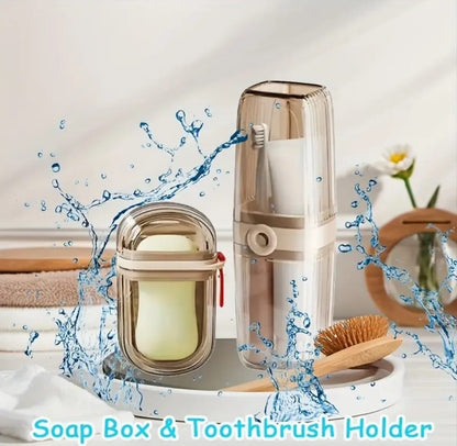 Portable travel soap box and toothbrush holder set
