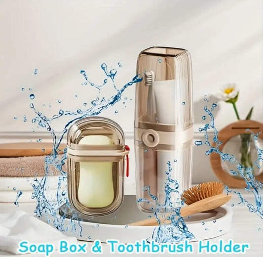 Portable travel soap box and toothbrush holder set
