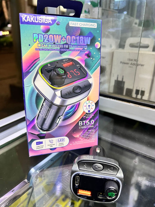 Kakusiga PD20W + QC18W In-Car Wireless FM Transmitter (BT5.0, Dual Fast Charging, LED Display)