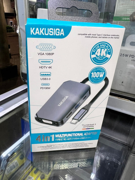 Kakusiga 4-in-1 Multifunctional Type-C Adapter (HDTV 4K + VGA + USB 3.0 + PD100W)