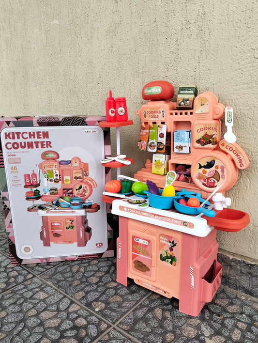 46PCS Kitchen Counter Play Set – Kids Cooking Toy with Utensils, Food & Accessories