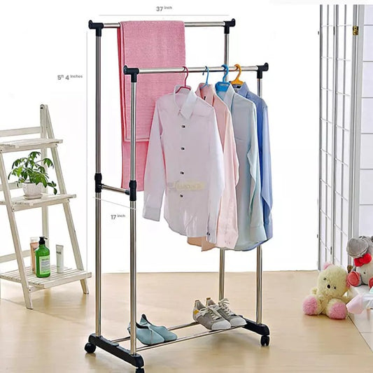 Double Pole Stainless Steel Coat Rack with Wheels