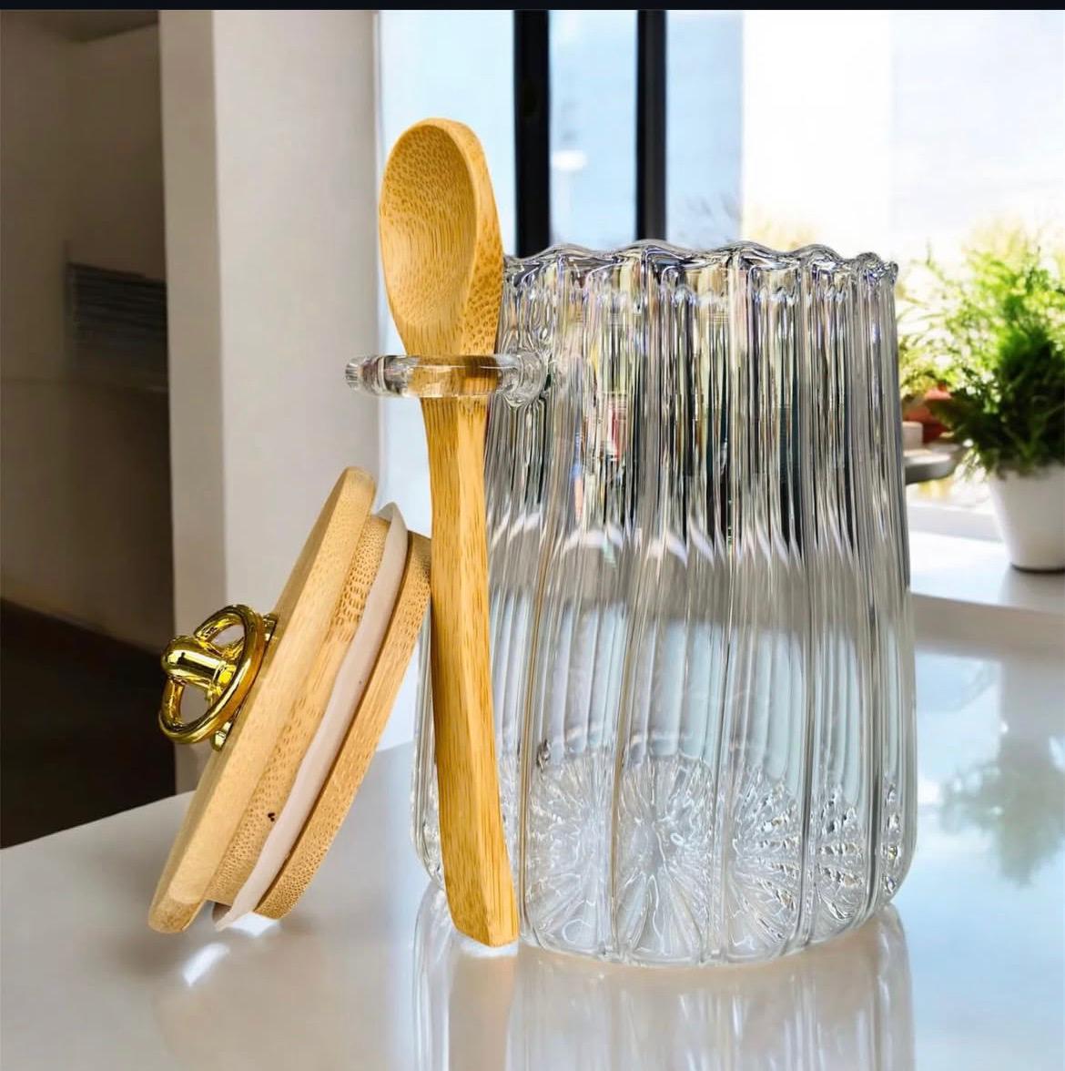 Ribbed Glass Jar with Bamboo Lid and Spoon