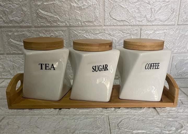 3pcs Ceramic Canisters Set with Bamboo Rack and Wooden Lids