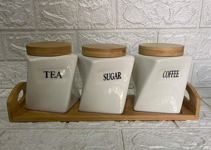 3pcs Ceramic Canisters Set with Bamboo Rack and Wooden Lids