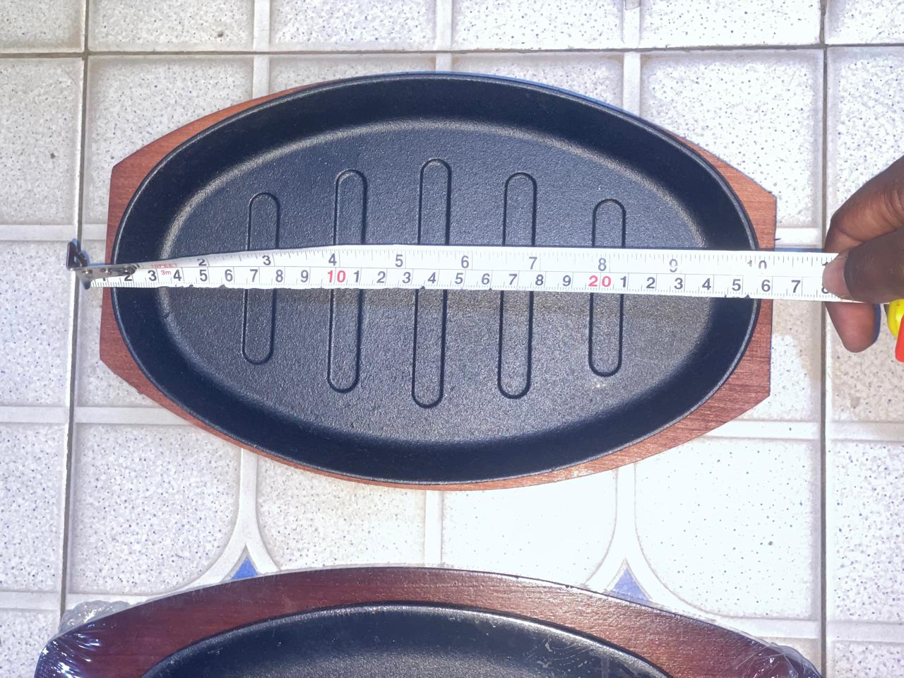 Cast Iron Hot Sizzling Plate on Wooden Tray