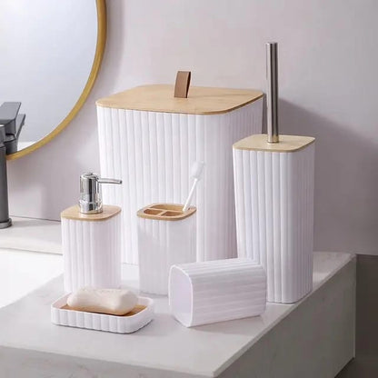 6-in-1 Bathroom Accessories Set with Wooden Top