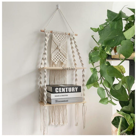 Woven Tapestry 2-Tier Bohemian Wall Hanging Floating Shelves