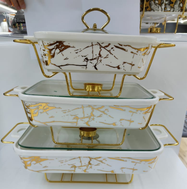 3-Piece White and Gold Ceramic Chafing Dish Set