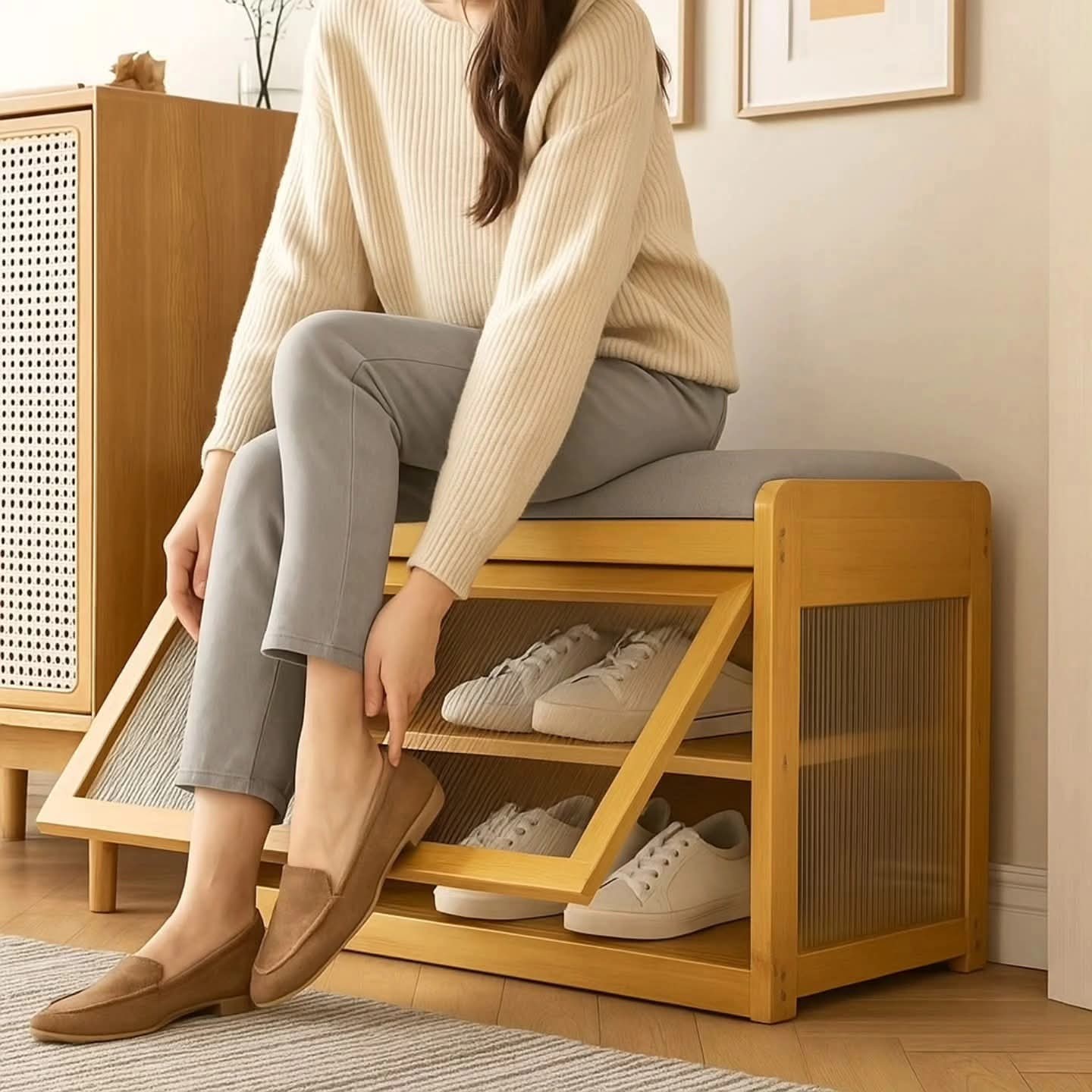 Wooden Stool with Shoe Cabinet