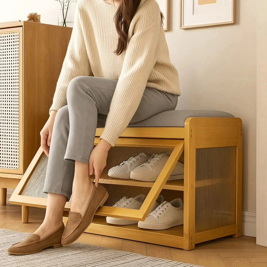 Wooden Stool with Shoe Cabinet