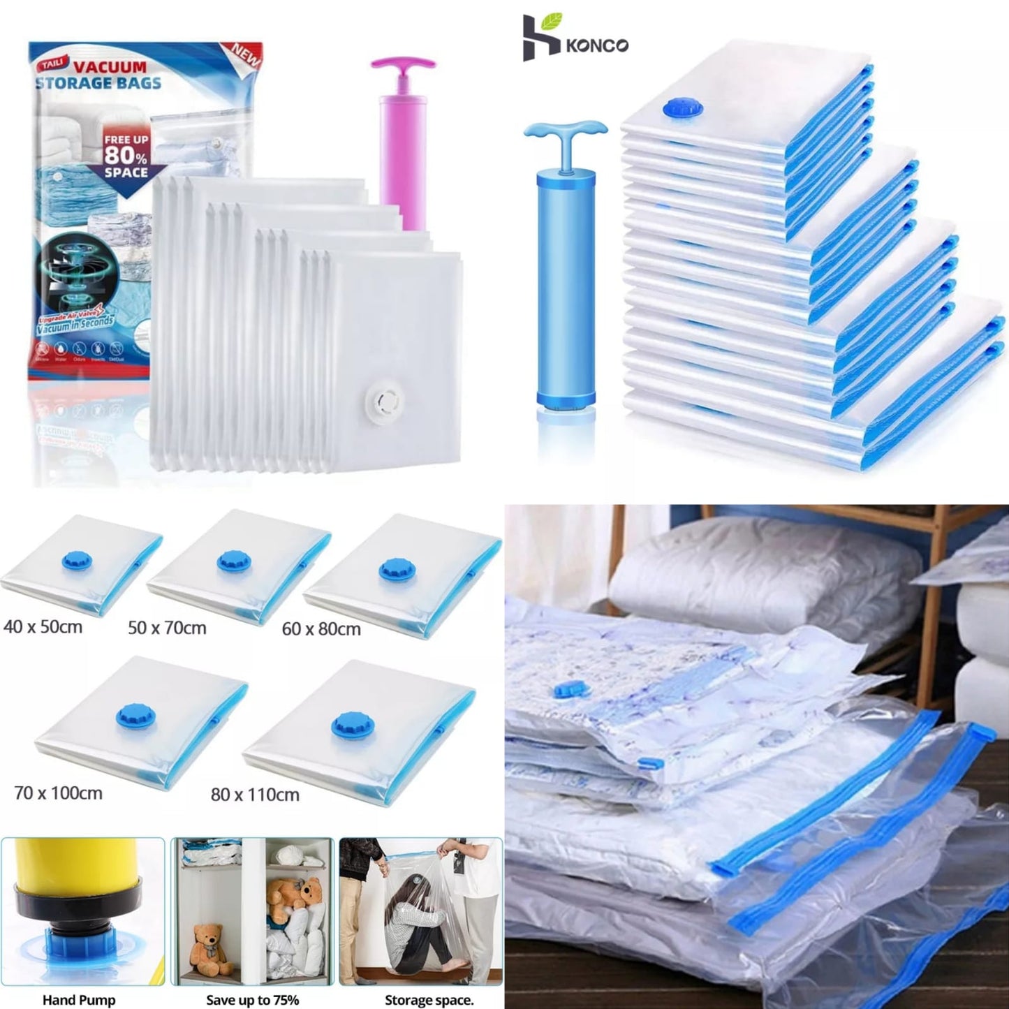 5-Piece Vacuum Compression Storage Bags + Pump Space-Saving