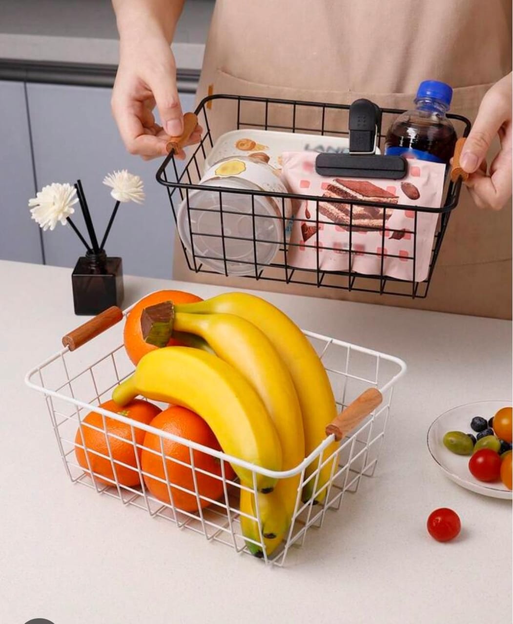 Multipurpose Metal Mesh Basket with Wooden Handle