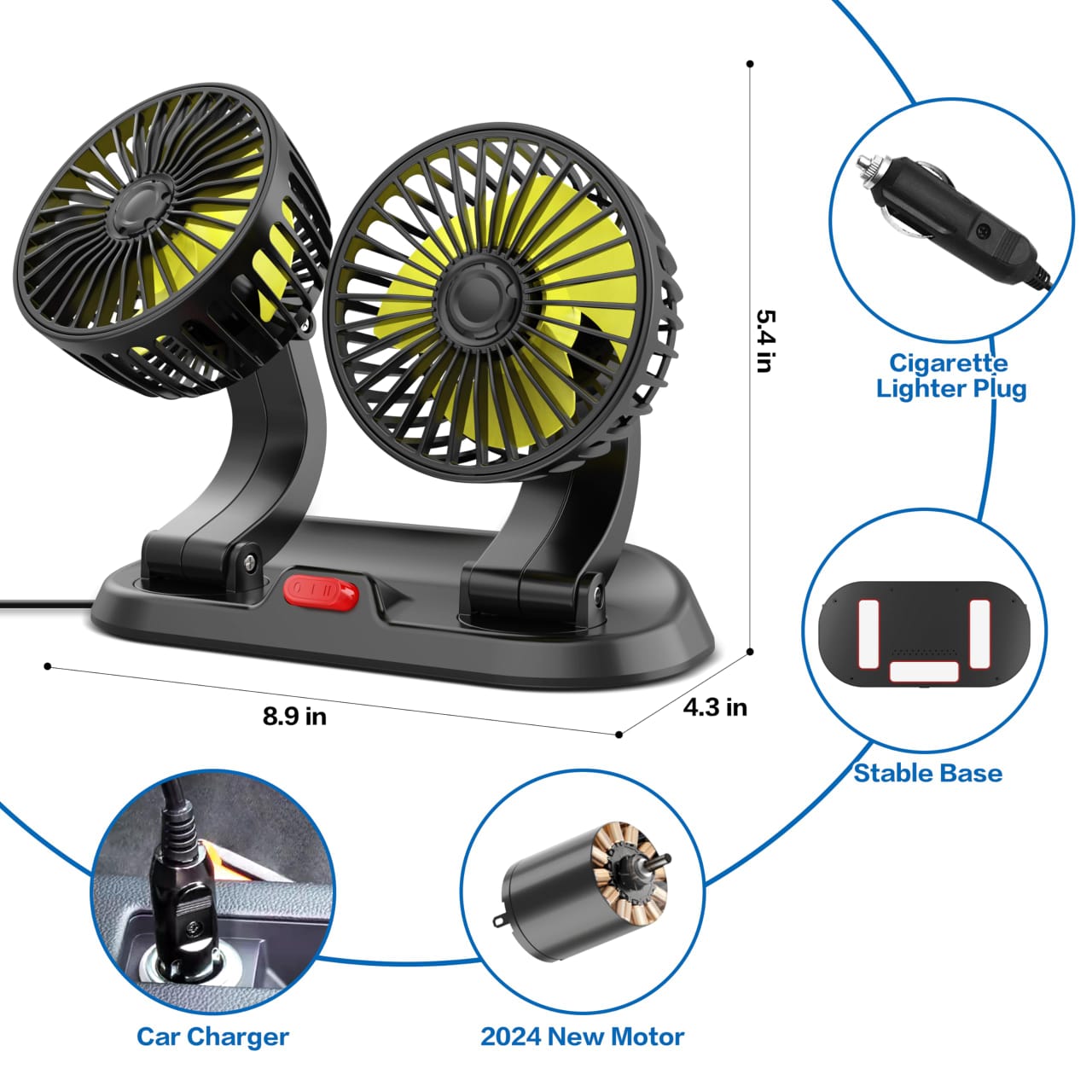 2-Speed Double-Headed Vehicle Fan – Car Cigar Lighter DC Powered