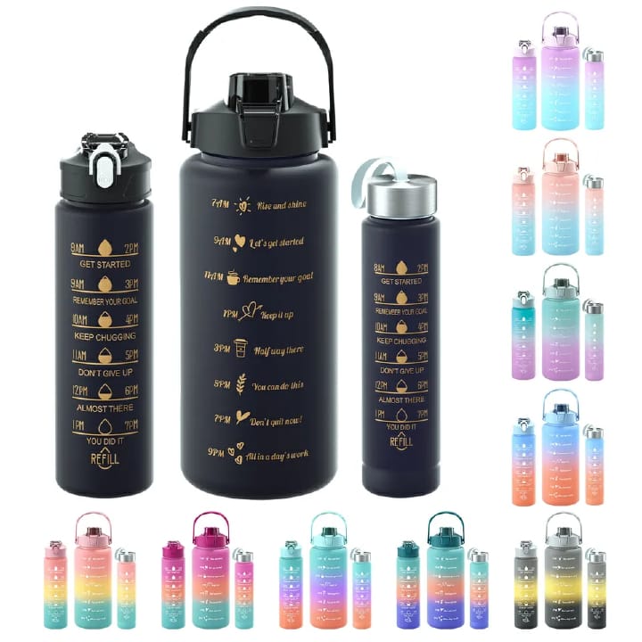 3-in-1 Motivation Water Bottle – 2L, 900ml, 300ml