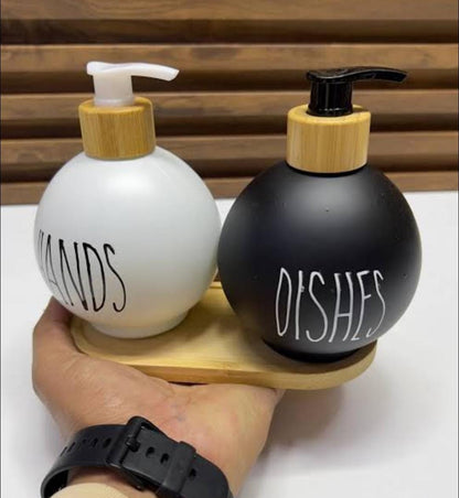 3-in-1 Refillable Ceramic Soap & Lotion Bottle Set with Bamboo Base – 500ml
