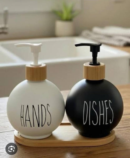 3-in-1 Refillable Ceramic Soap & Lotion Bottle Set with Bamboo Base – 500ml
