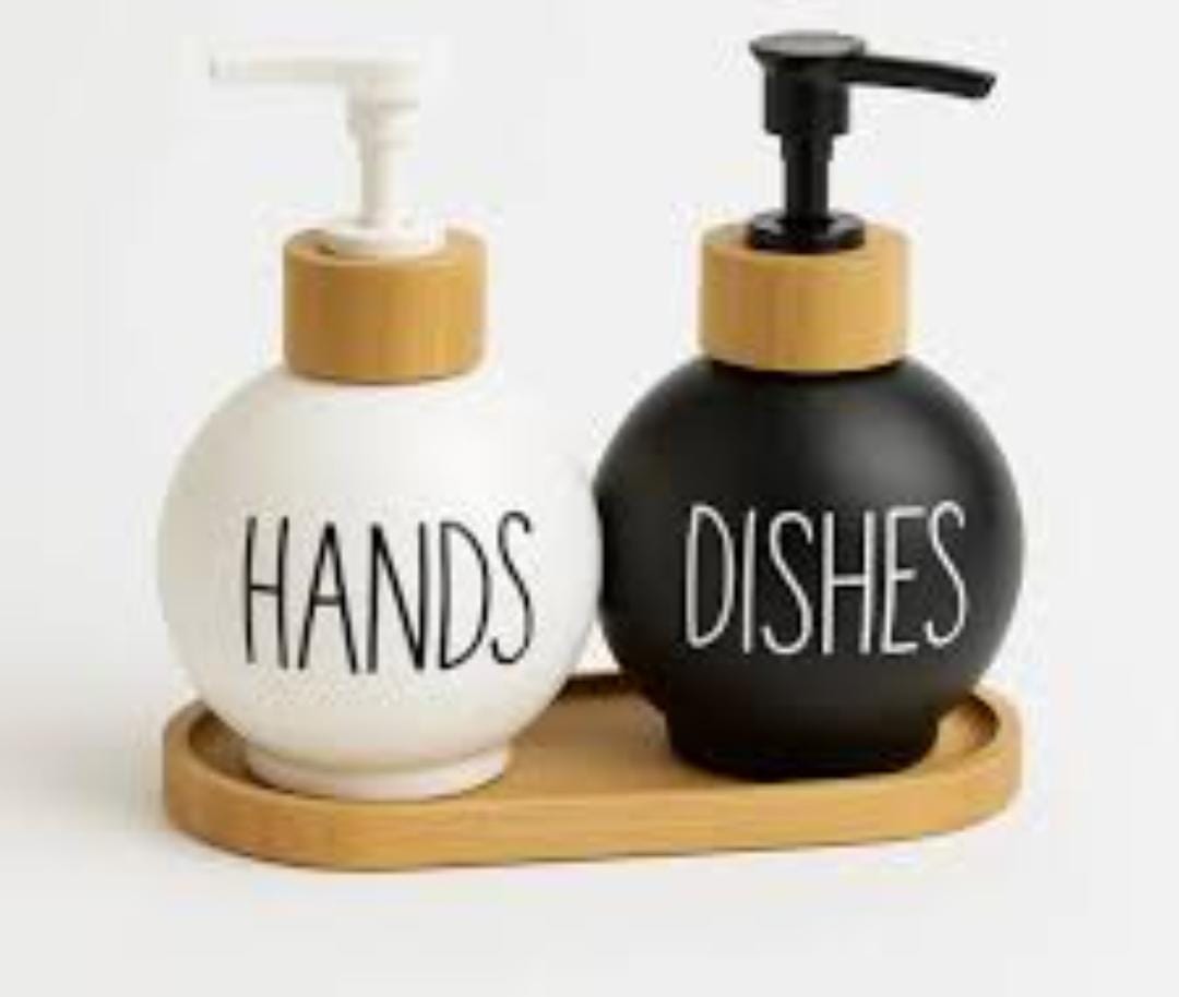3-in-1 Refillable Ceramic Soap & Lotion Bottle Set with Bamboo Base – 500ml