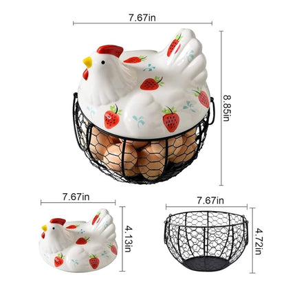 Metal Wire Egg Basket with Ceramic Chicken Cover