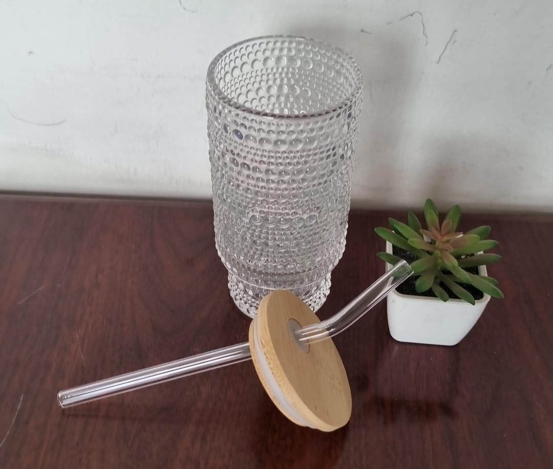 Thick Glass 320ml / 11oz Smoothie Glass with Bamboo Lid & Glass Straw