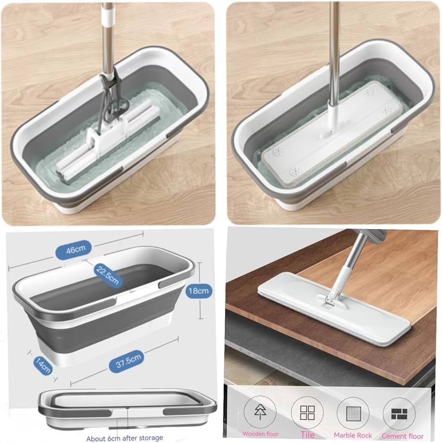 Self-Wringing Hands-Free Flat Mop with Foldable Bucket