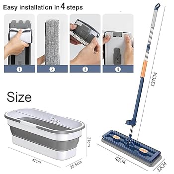 Self-Wringing Hands-Free Flat Mop with Foldable Bucket